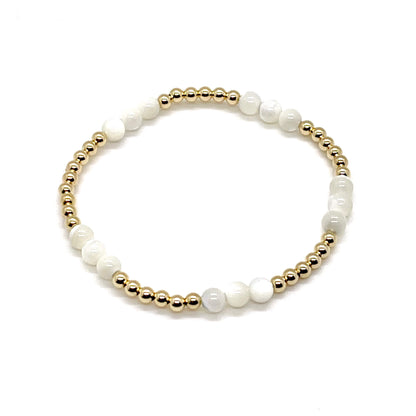 Gold mother-of-pearl bracelet with 14K gold-filled 3mm beads and 4mm mother-of-pearl beads.