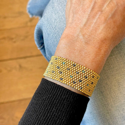 Gold woven bracelet/Metallic cuff bracelet with metal seed beads/Sprinkled with gunmetal, slate, and turquoise seed beads.