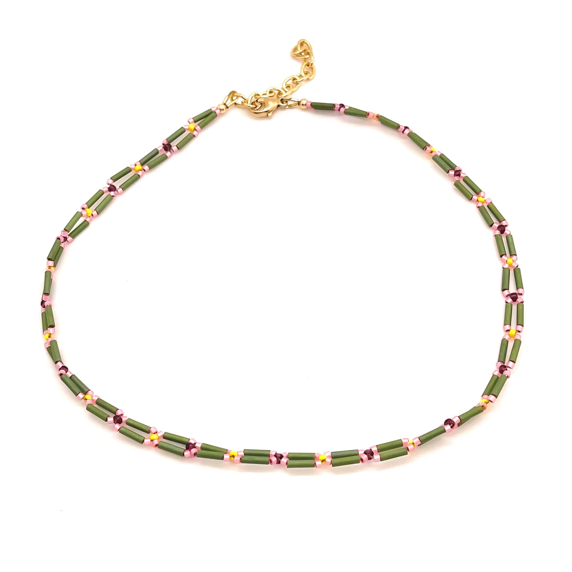 Green beaded necklace with 2 rows of bugle seed beads and pink beaded flowers. Handmade in NYC.