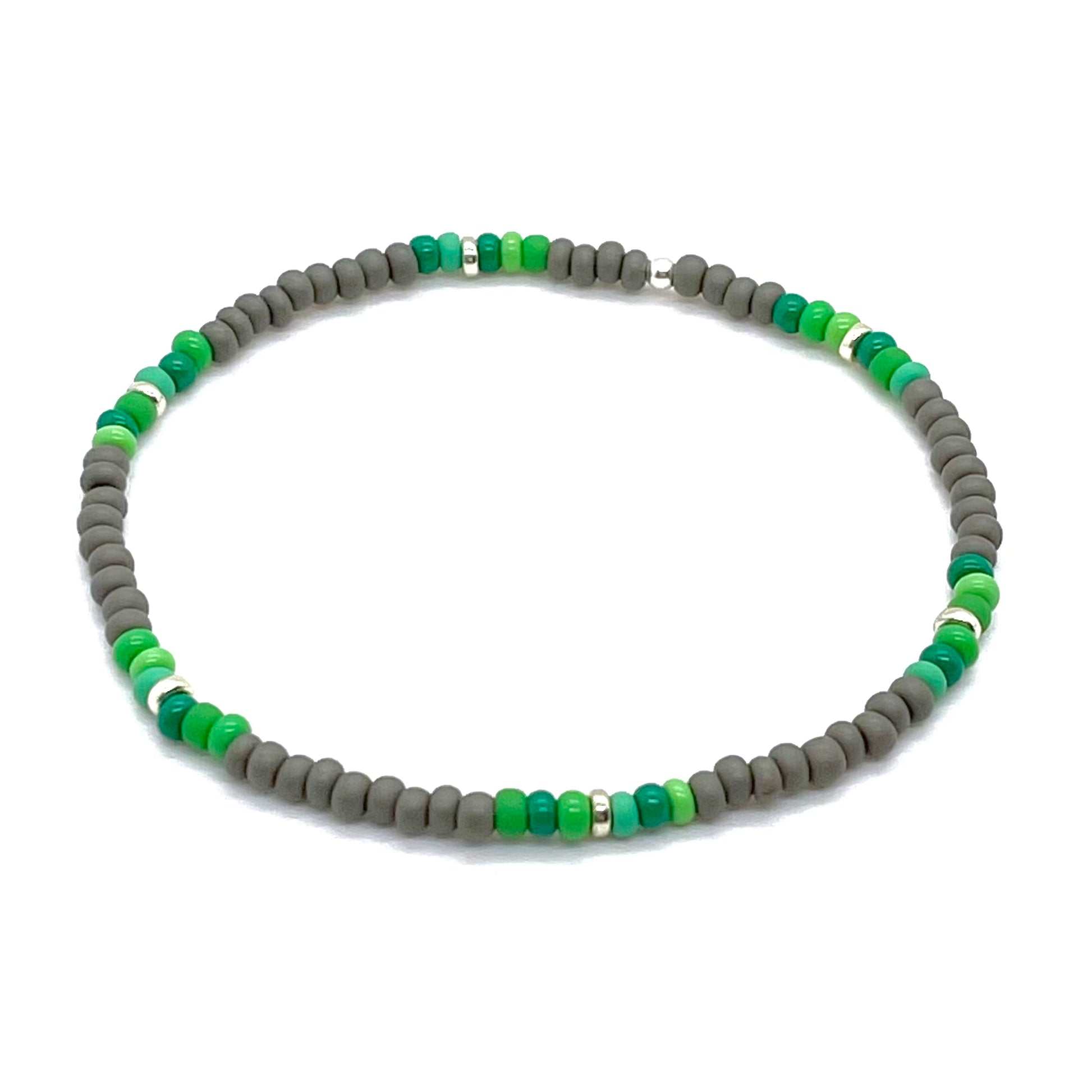 Green bracelet for men with gray taupe seed beads and silver-tone accent beads. Waterproof simple stretch bracelet.