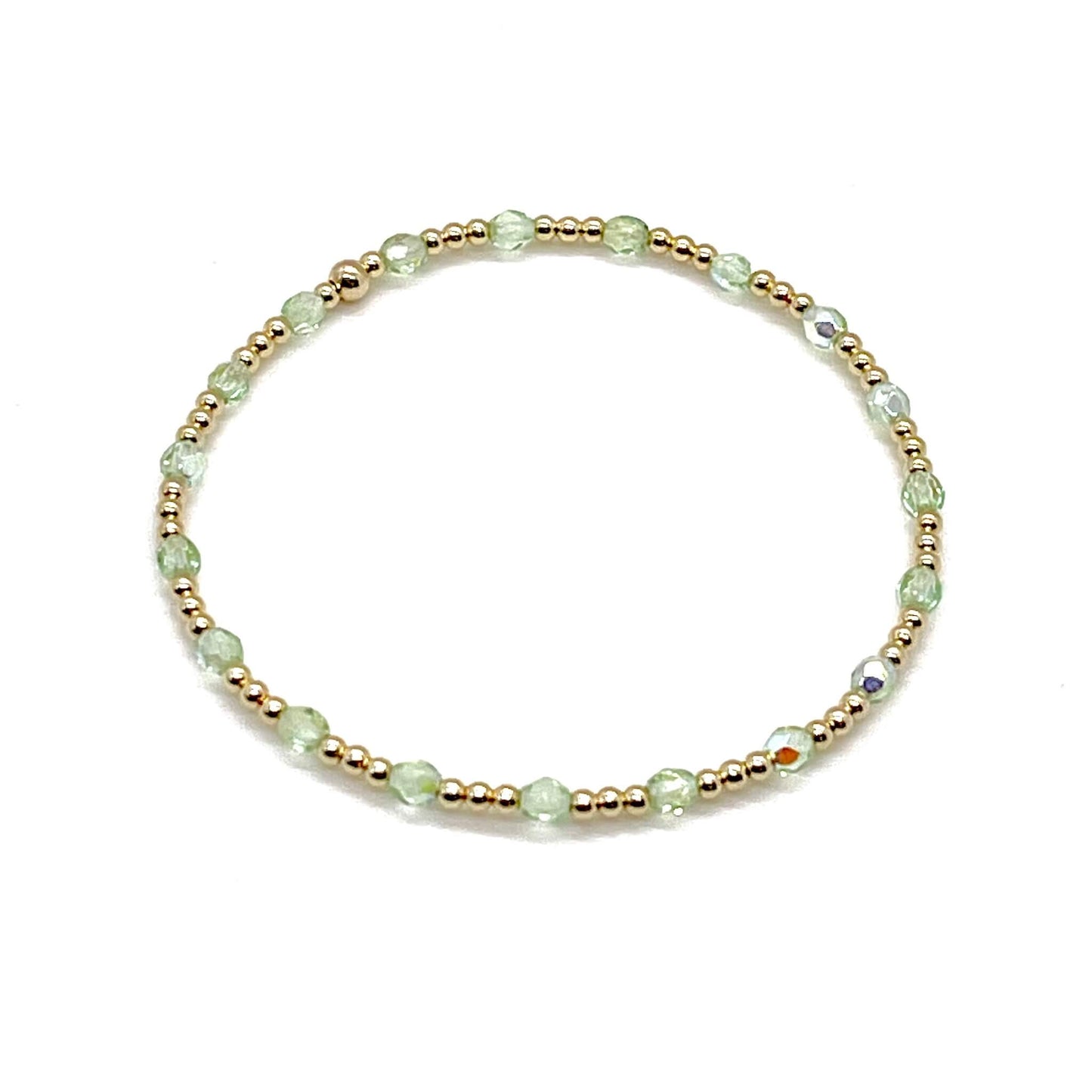 Green crystal bracelet with gold beads. Elegant, 2mm gold filled beaded bracelet for women.