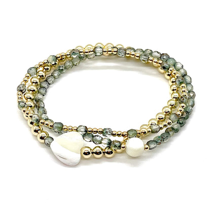 Green-grey crystal and gold bracelet stack of 3. Womens stretch bracelets handmade in NYC.