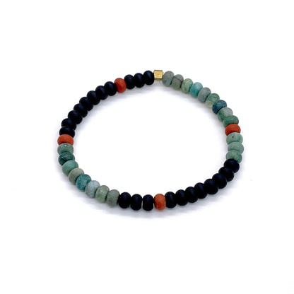 Men's green and red jasper and black agate beaded stretch bracelet.