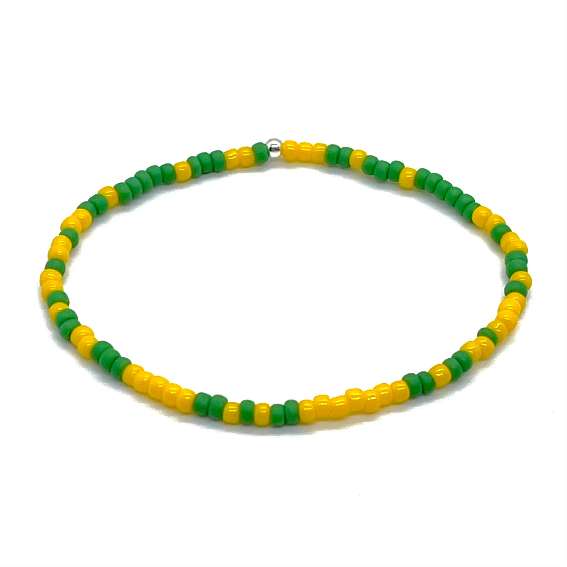 Green and yellow bracelet for men with colorblocks. Skinny seed bead stretch bracelet.