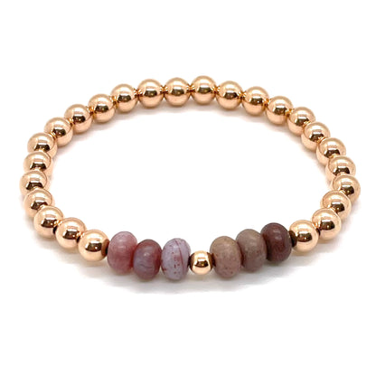 Purple jasper bracelet with 5mm 14K rose gold filled beads on elastic stretch cord. Waterproof and tarnish resistant.