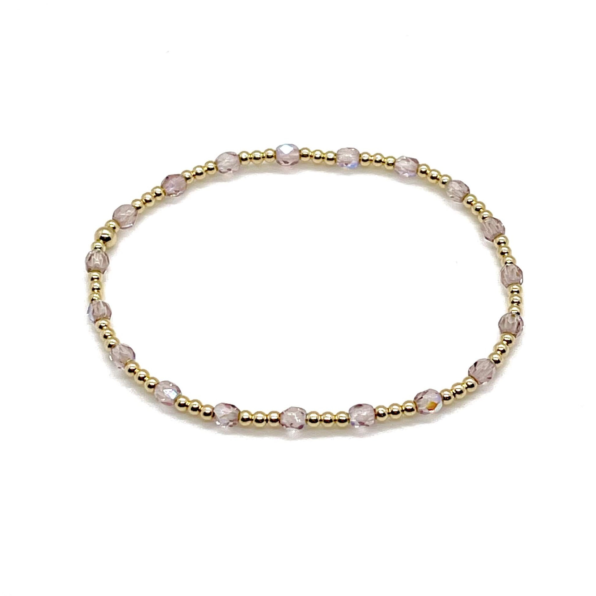 Light purple crystal bracelet with tiny gold beads. 14K gold filled stretch bracelet for women.