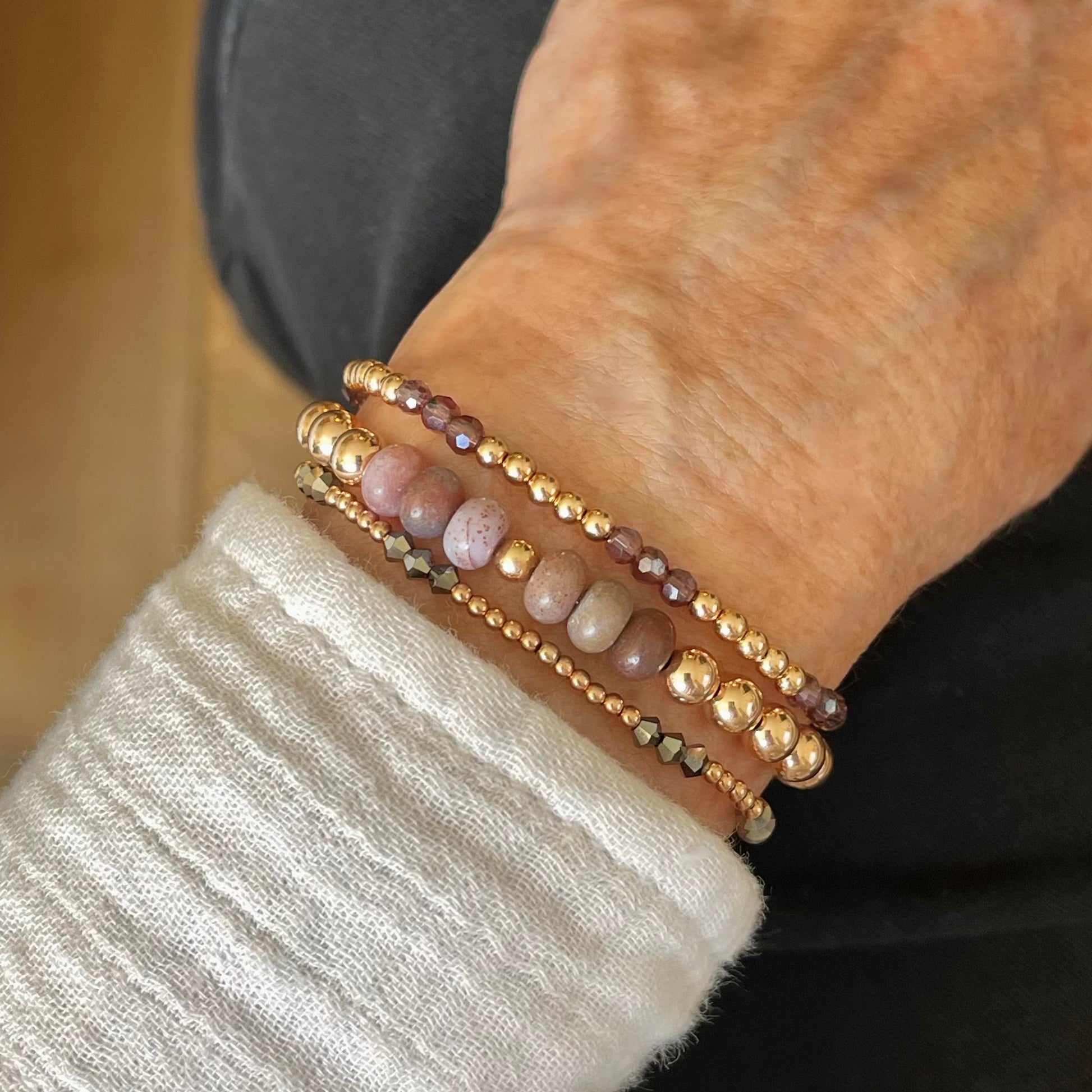 Purple and rose gold bracelet stack of 3 women's stretch bracelets with jasper, crystal, and glass beads.