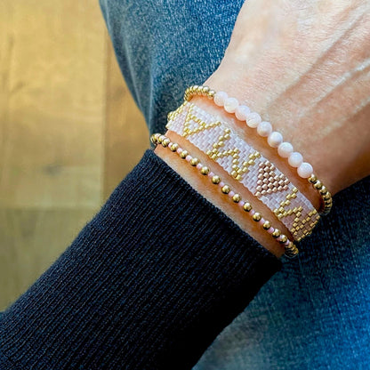 Mama bracelet with gold and pink beads. Gold bead bracelet stack of 3 stretch bracelets.