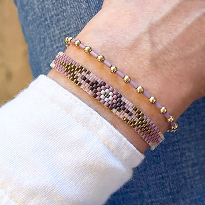Mauve and purple beaded arrow bracelet band with gold ball stretch bracelet set of 2.
