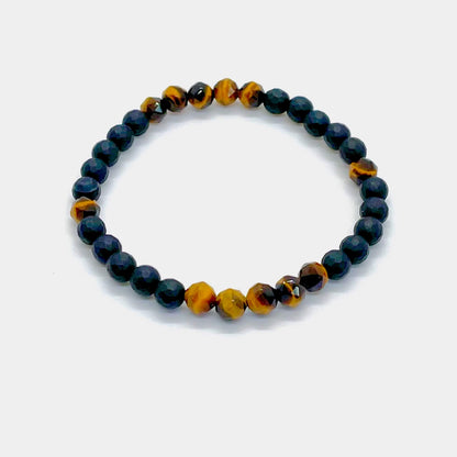 Shiny faceted tigers eye, and matte faceted black onyx beaded men's bracelet.