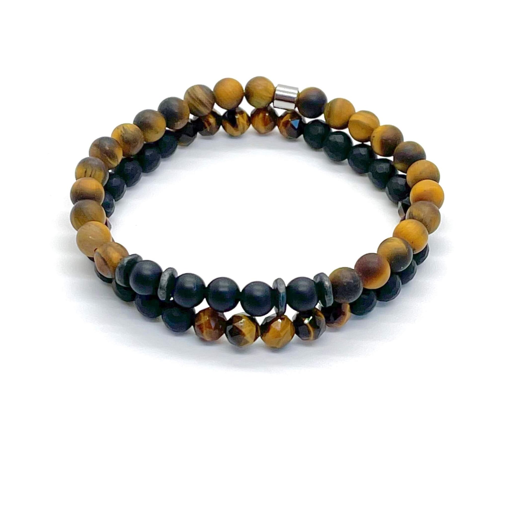 Men's tigers eye and black onyx beaded gemstone stretch bracelet set of 2.