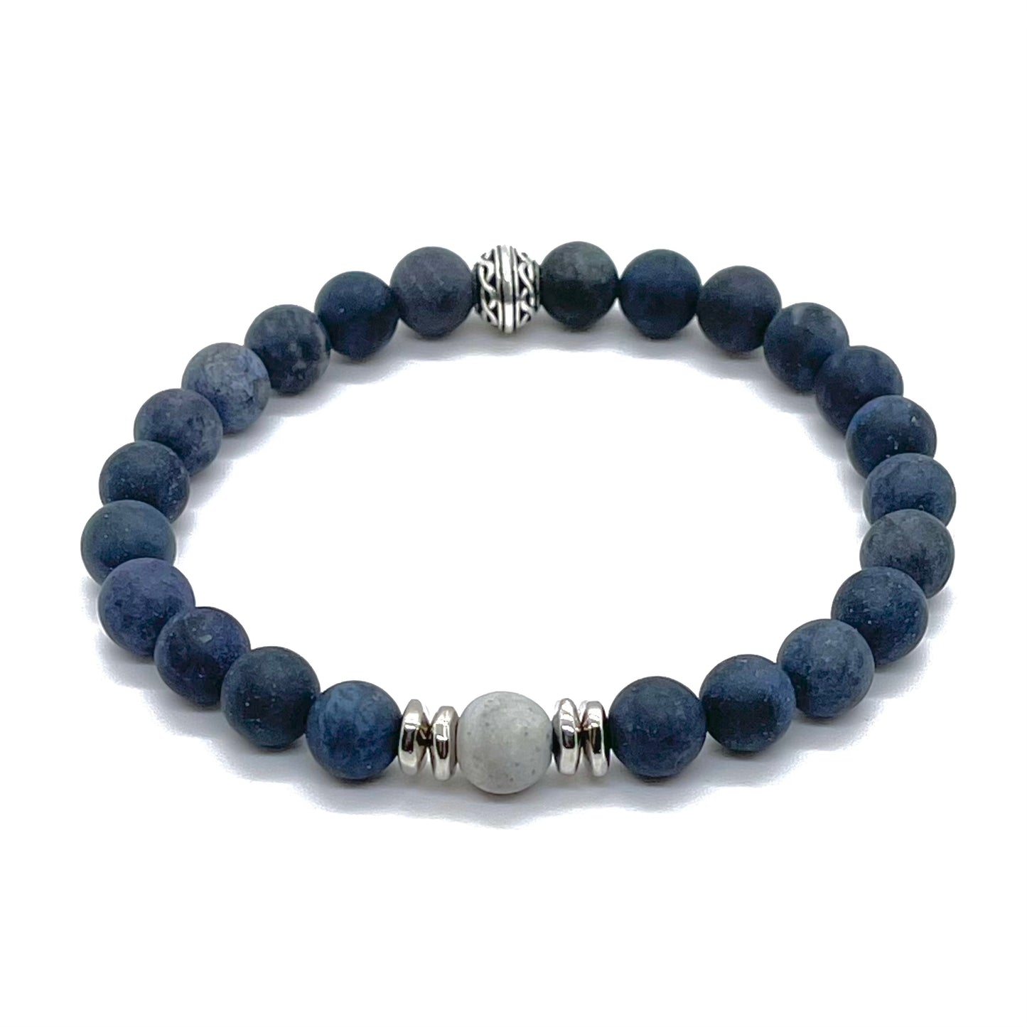 Mens bead bracelet with blue dumortierite and silver beads on stretch cord.