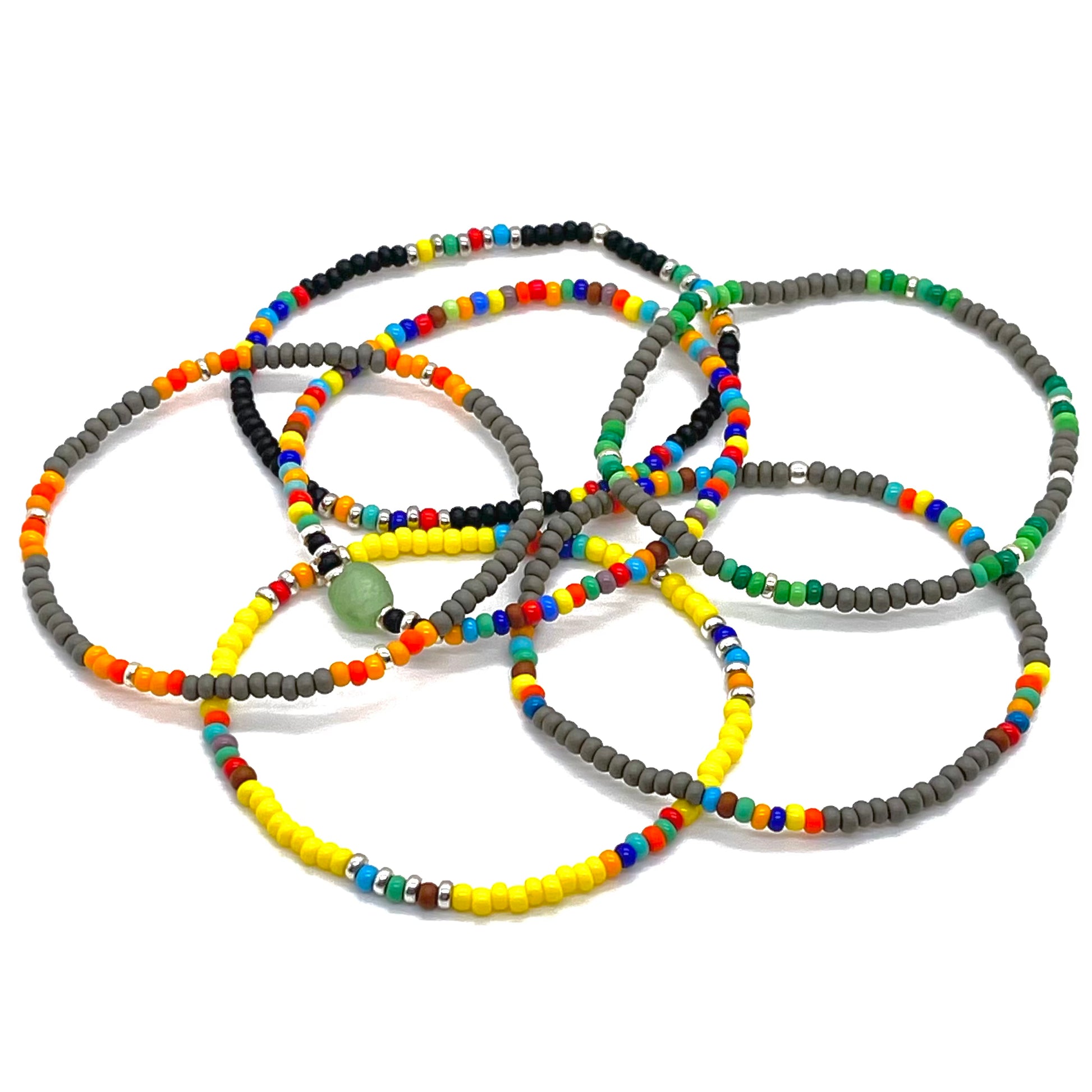 Men's beaded bracelets with multi-color beads. Thin, stacking, stretch bracelets.