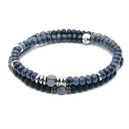 Mens beaded bracelet set of 2 with blue and black gemstones and silver beads on stretch cord.