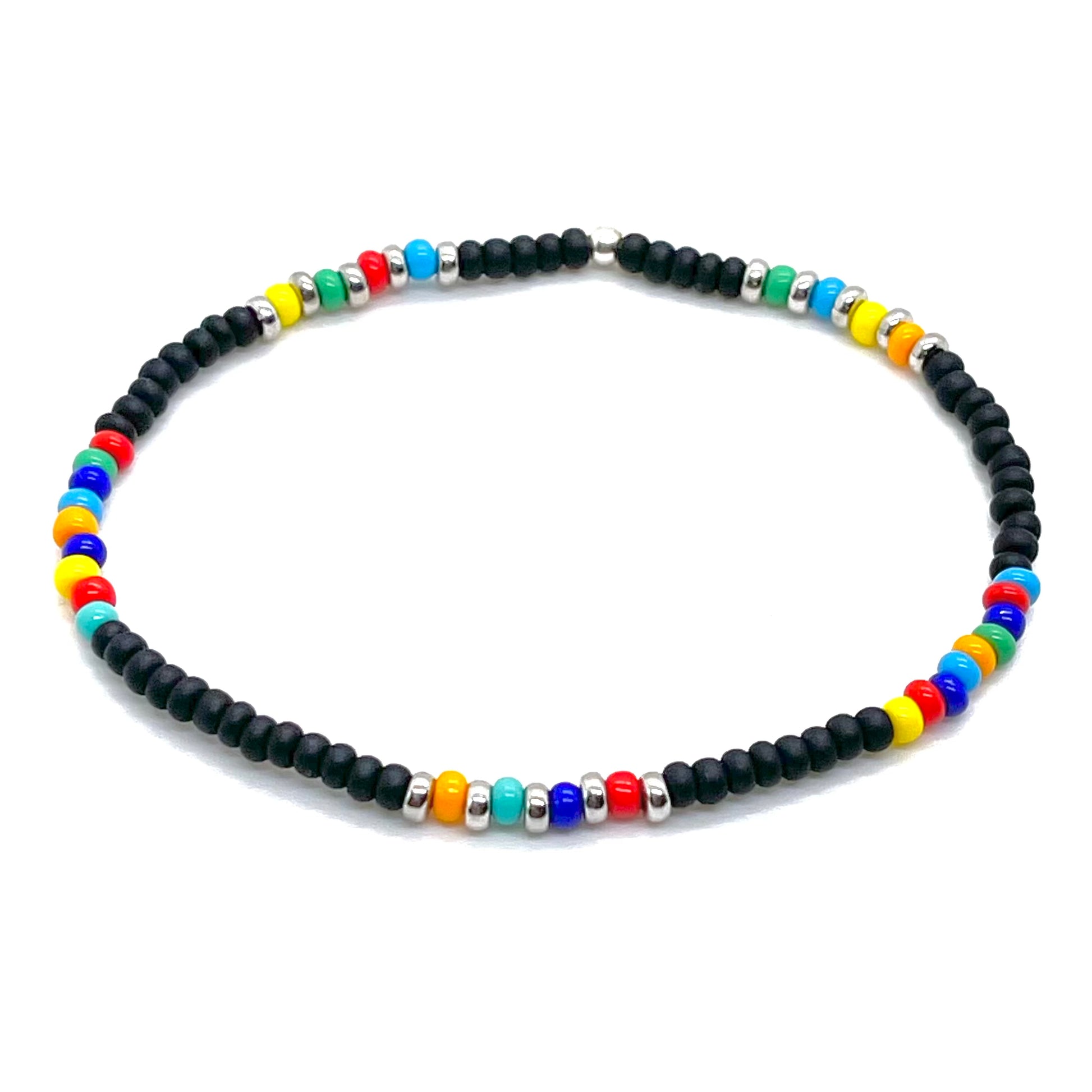 Men's black bead bracelet with rainbow accent beads on elastic stretch. Waterproof and hanmade in NYC.