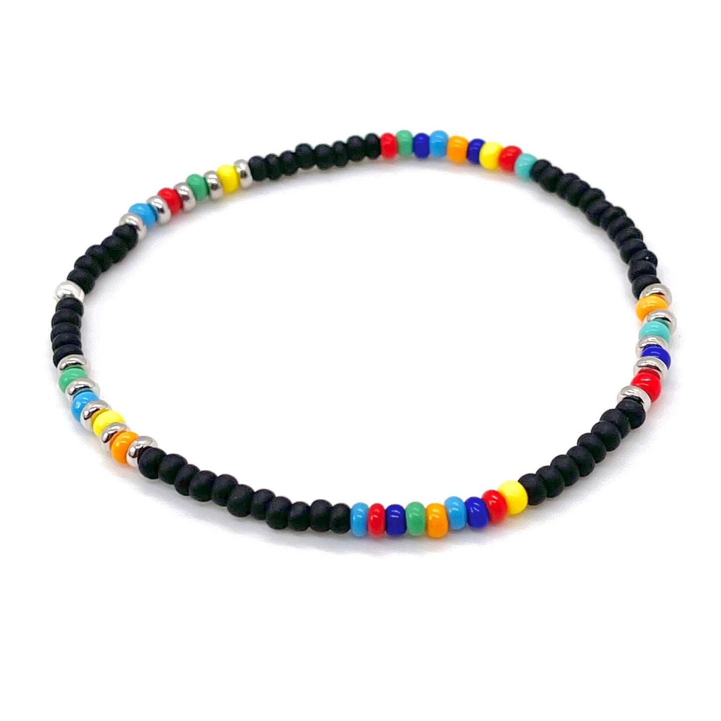 Matte black beaded bracelet with rainbow color and silver beads. Men's beaded bracelet. Stretch bracelet.