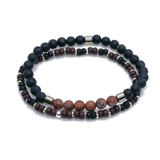 Mens black and brown stretch bracelets with onyx, jasper, seed beads, and stainless steel.
