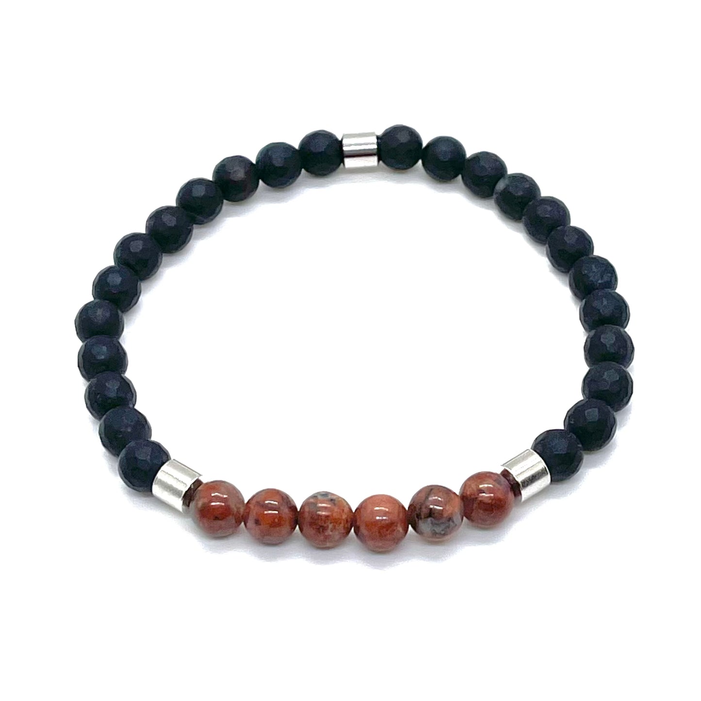 Mens black onyx bracelet with brown jasper gemstones and stainless steel accent beads.