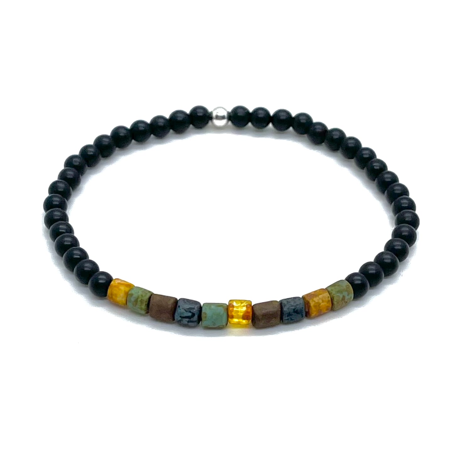 Mens black onyx rustic beaded bracelet with earthy tone matte speckled beads on elastic stretch.