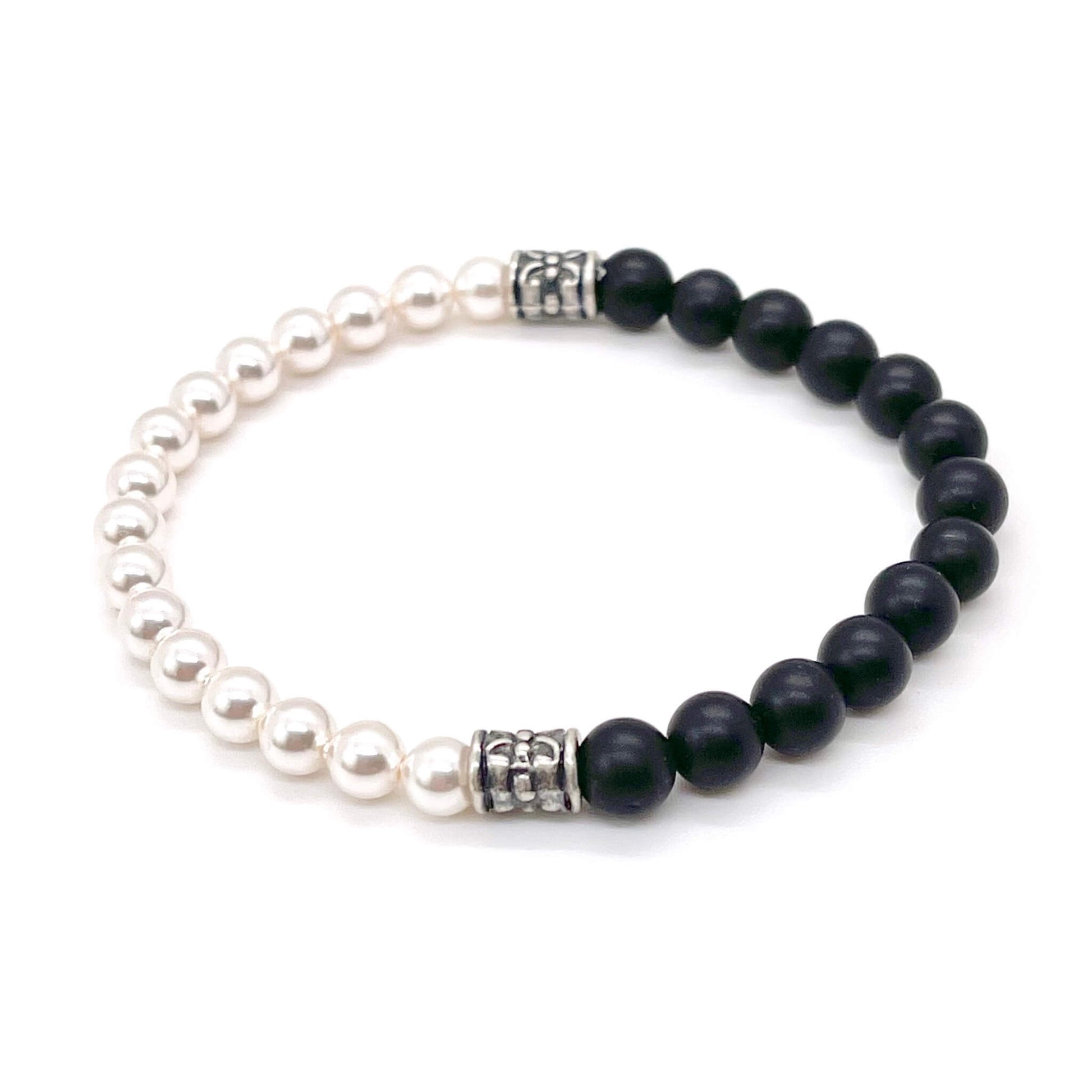 Mens black onyx bracelet with pearls and antique silver-plated tube beads. Mens stretch bracelet.