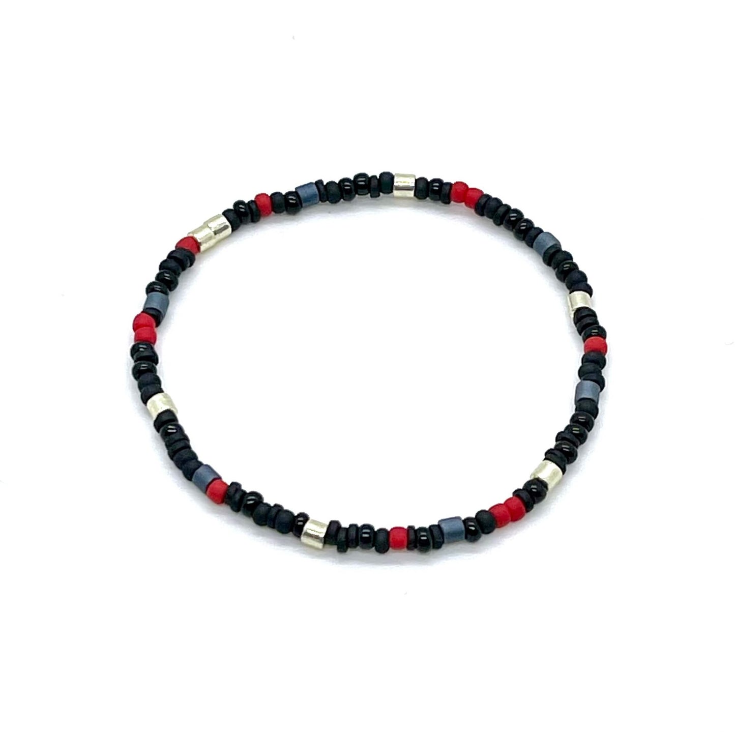 Men's black and red thin seed bead stretch bracelet with silver accent beads.