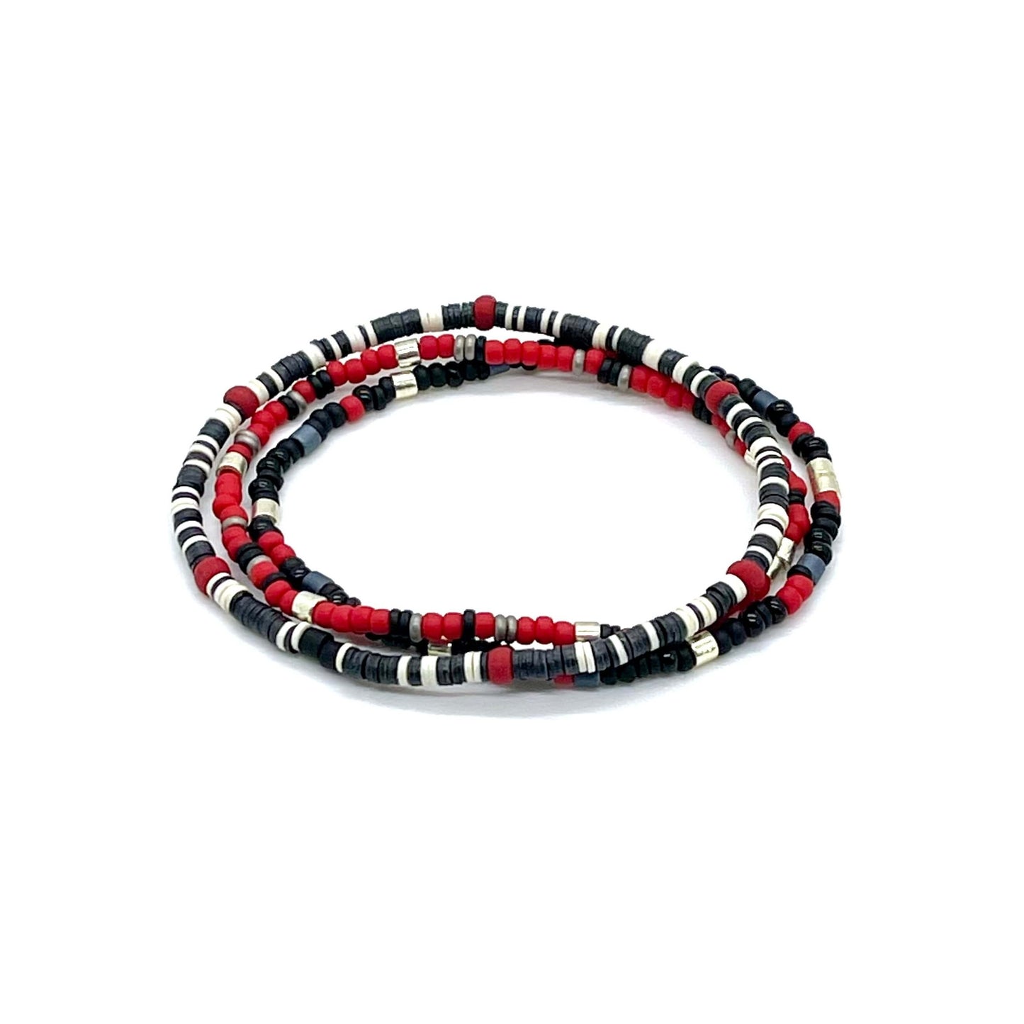 Men’s stackable beaded stretch bracelets with black & white vinyl Heishi disk beads, and red, black & silver seed beads.