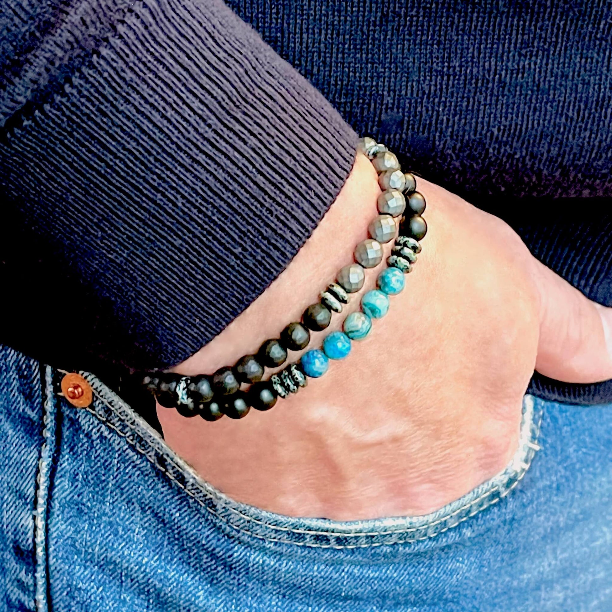 Men's stacking bracelets. Blue bracelet with black onyx and agate. Hematite bracelet with onyx. Stretch bracelets.