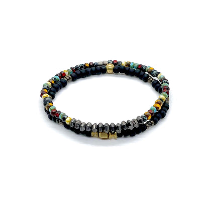 Men's bracelet set/Stretch bracelets/Mens brass bracelet with black beads/Colorful bracelet with pewter.