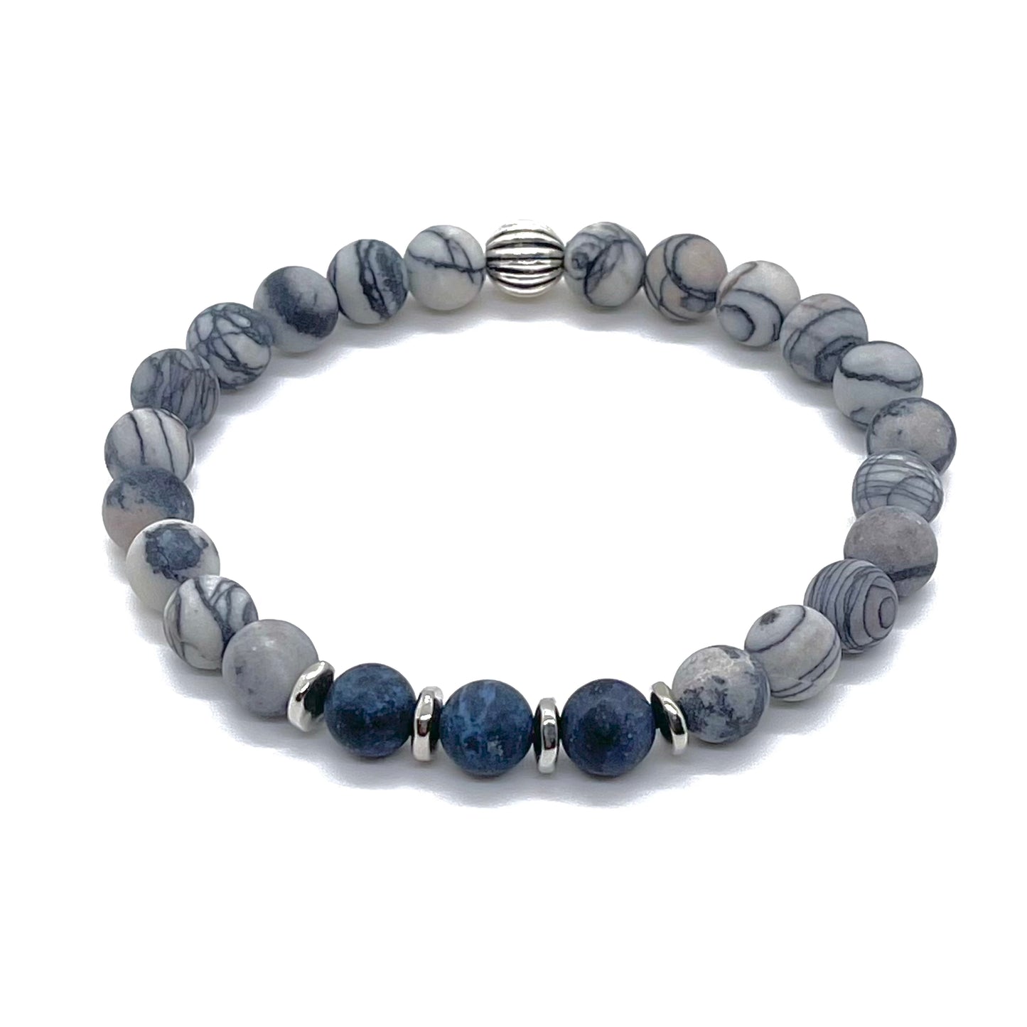 Mens gemstone bracelet with matte black and white silk stone and blue dumortierite and silver on stretch cord.