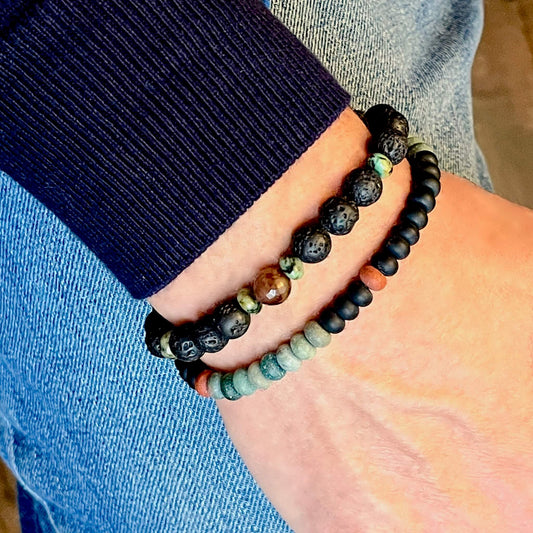 Men’s stackable beaded stretch bracelets with black lava & brown-dyed agate, green & red jasper, & black agate rondelle beads