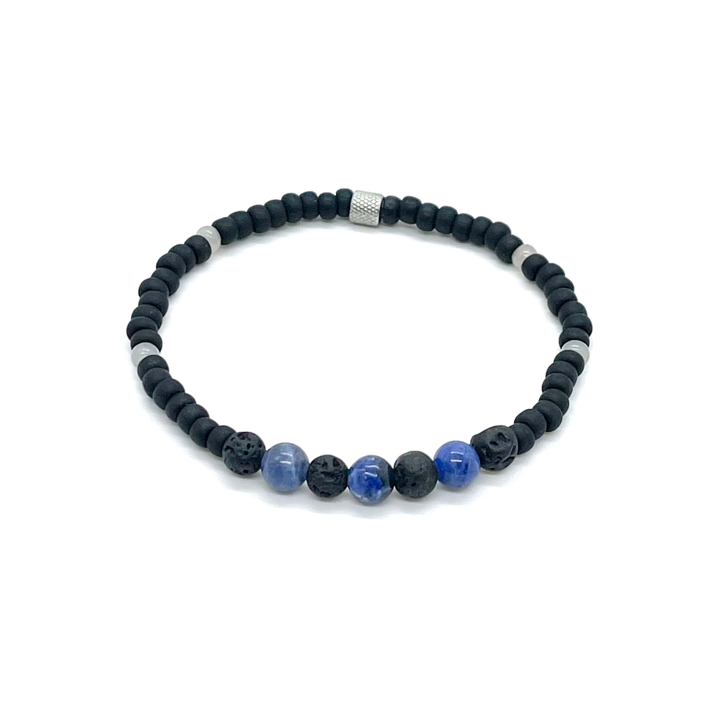 Men's lava rock braclet with blue sodalite and matte black and gray glass seed beads on elastic stretch cord.