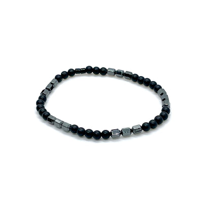 Men's onyx bracelet with black onyx and hematite beads on elastic stretch cord.