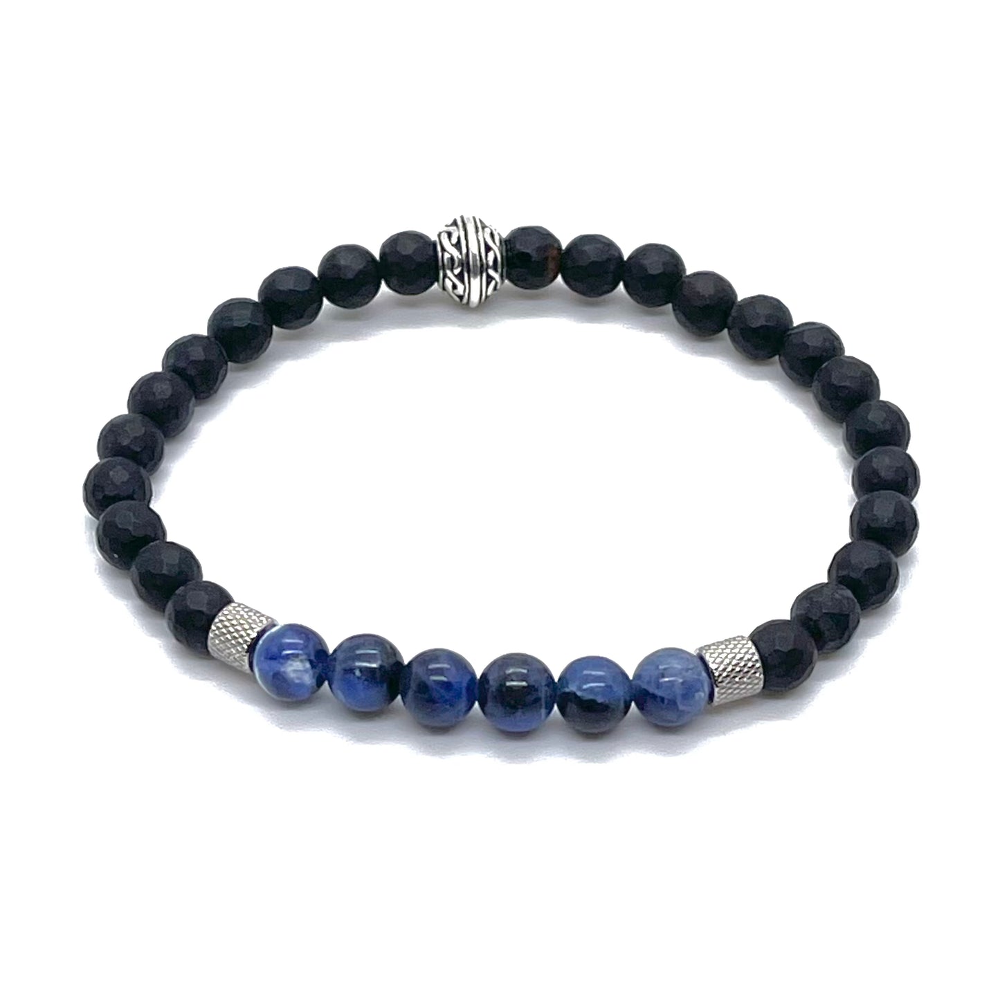 Mens onyx bracelet with blue sodalite gemstones and stainless steel and antique silver-plated accent beads on elastic stretch cord.