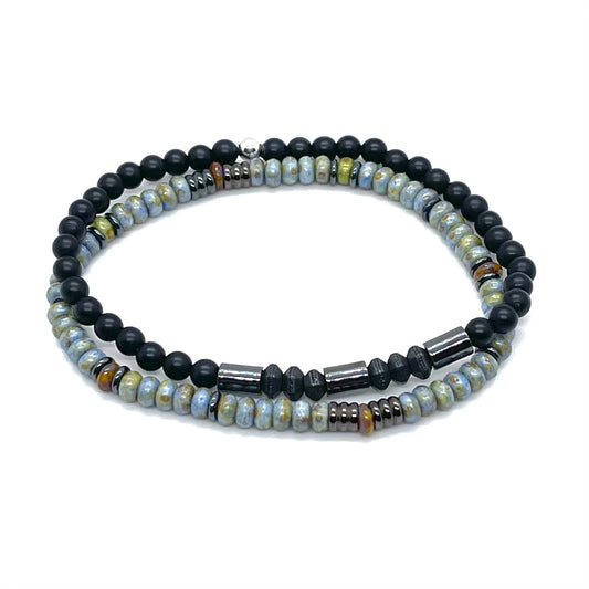 Mens onyx and seed bead bracelet set with black, blue, and hematite beads.