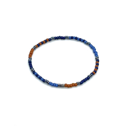 Men's elastic bracelet with rust brown, blue, and gunmetal seed beads.