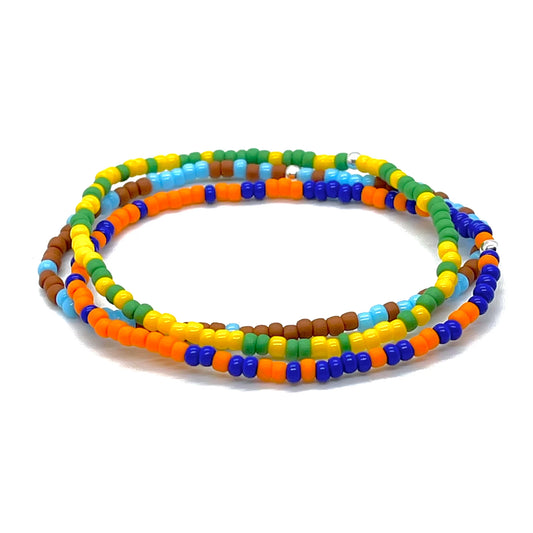Mens skinny beaded bracelets with bright colorblocks in green/yellow, brown/light blue, and colbalt/orange.