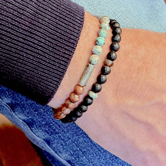 Mens stacking bracelets/Onyx mens bracelet/Men's turquoise bracelet/Moss agate/ and brown bracelet/Stretch bracelets.