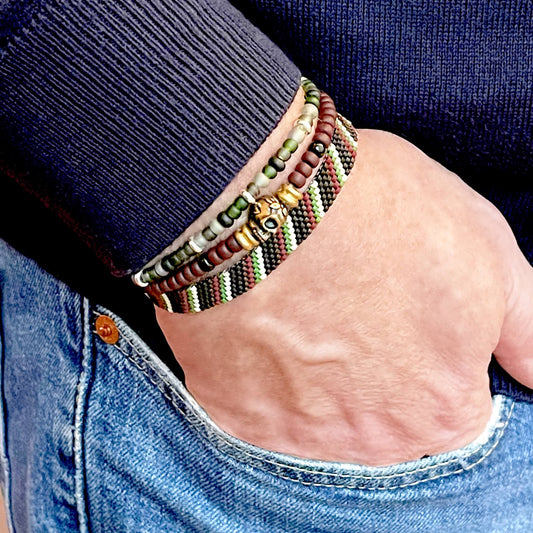 Men's stacking bracelets/Men's skull bracelet/Candy stripe bracelet/Men's thin bracelets/Green and brown stretch bracelets.