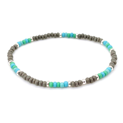 Mens bead bracelet. Mens stretch bracelet. Matte blue and gray bead bracelet. Silver-plate beads.