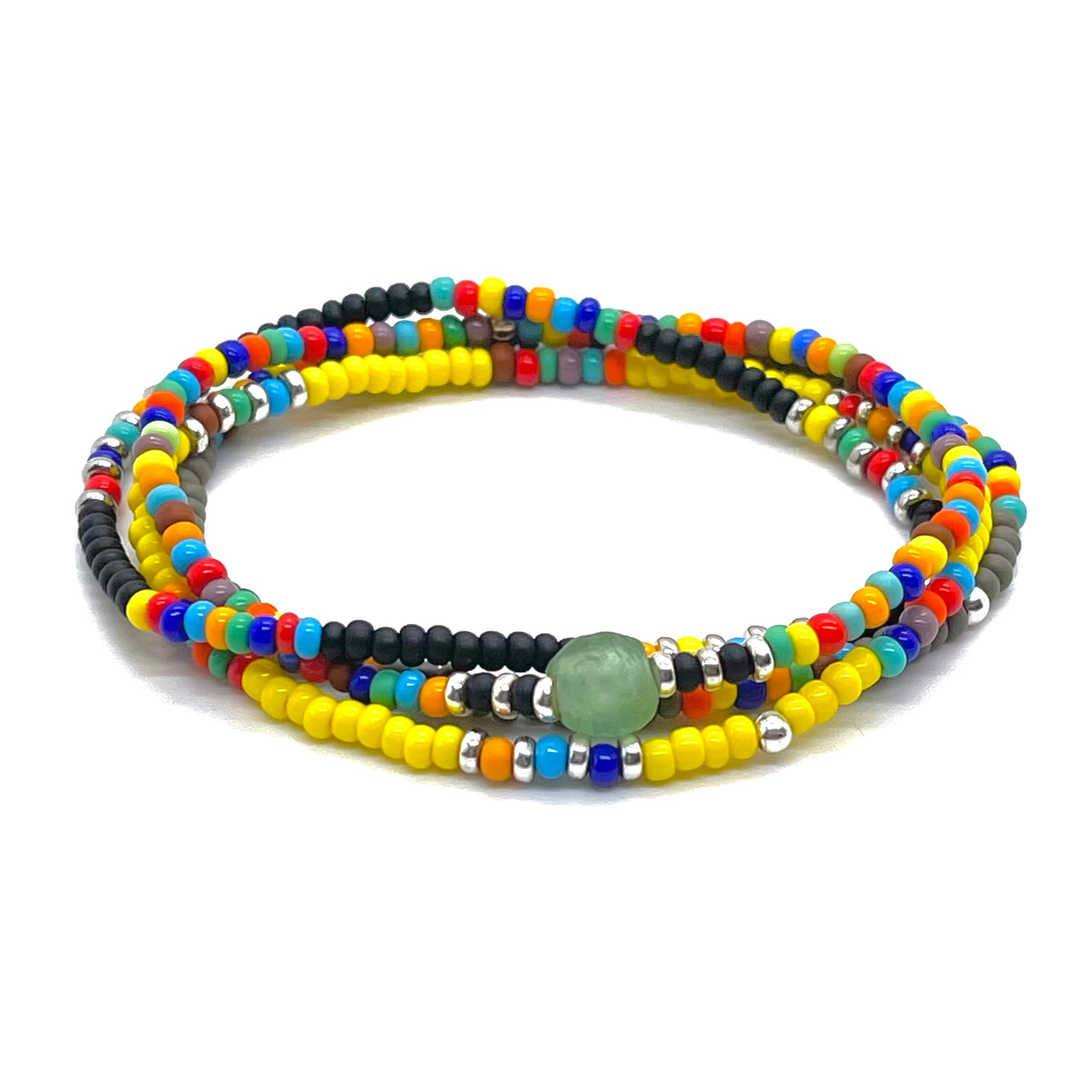 Men's stretch bracelets. Thin beaded bracelets in yellow, black, gray, and assorted bright rainbow colors.