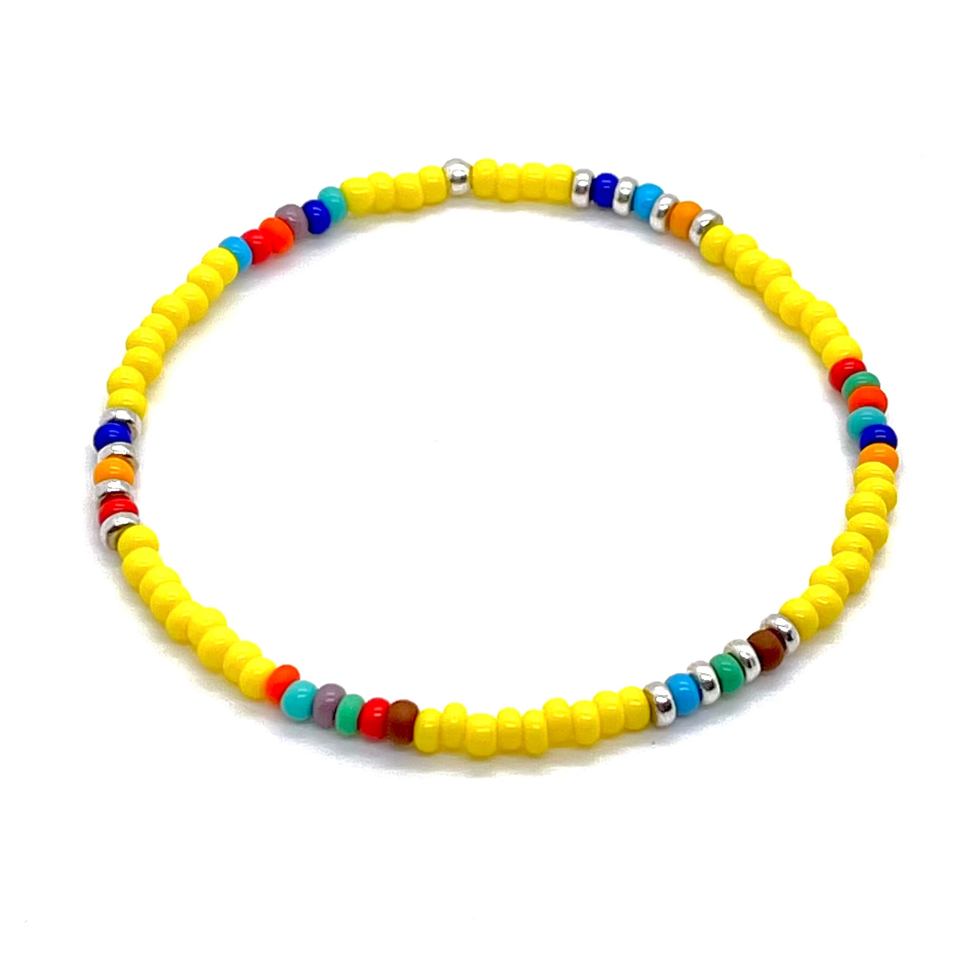 Men's summer bracelet with yellow beads and bright accent beads in assorted colors. Simple stretch bracelet.
