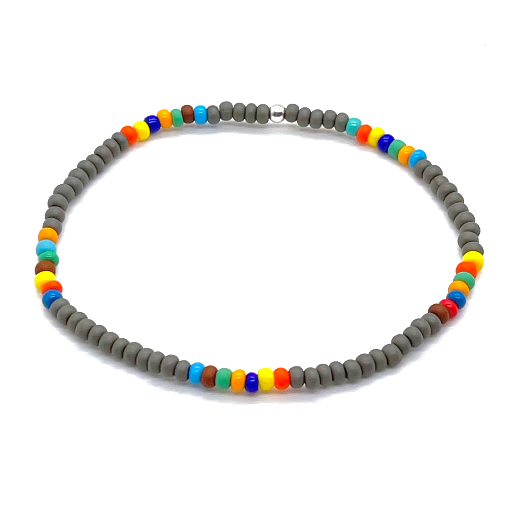 Men's thin bracelet with gray taupe beads mixed with colorful seed beads on stretch cord. Waterproof.