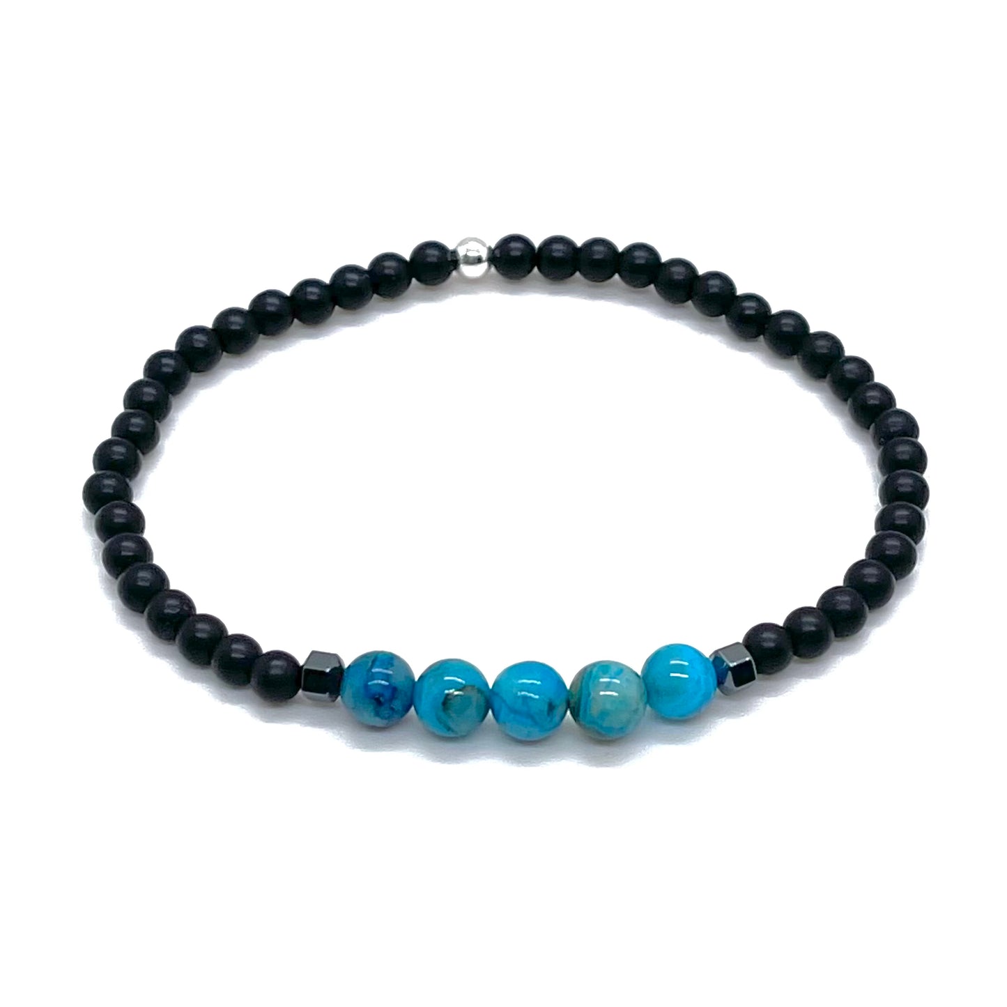 Mens turquoise dyed agate beaded bracelet with black onyx and hematite beads.