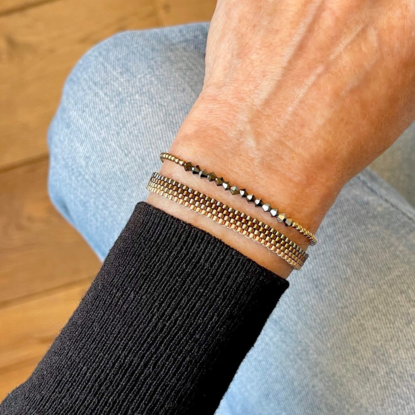 Metal bead bracelet set | Pewter/bronze horizontal stripes woven band | Hematite/gold ball stretch bracelet.