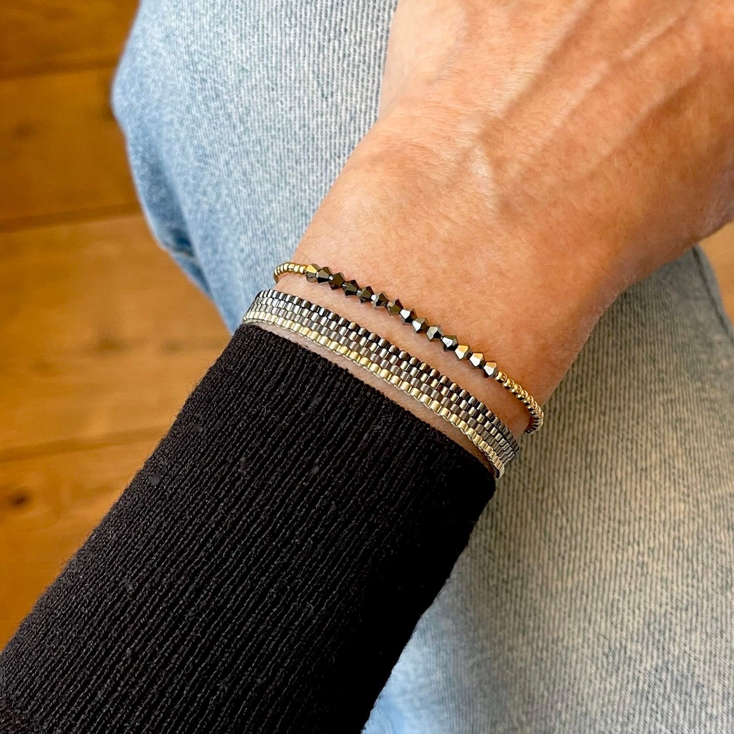 Metal bead bracelets | Black/gray/silver ombre stripes woven bracelet | Crystal hematite gold ball stretch bracelet.