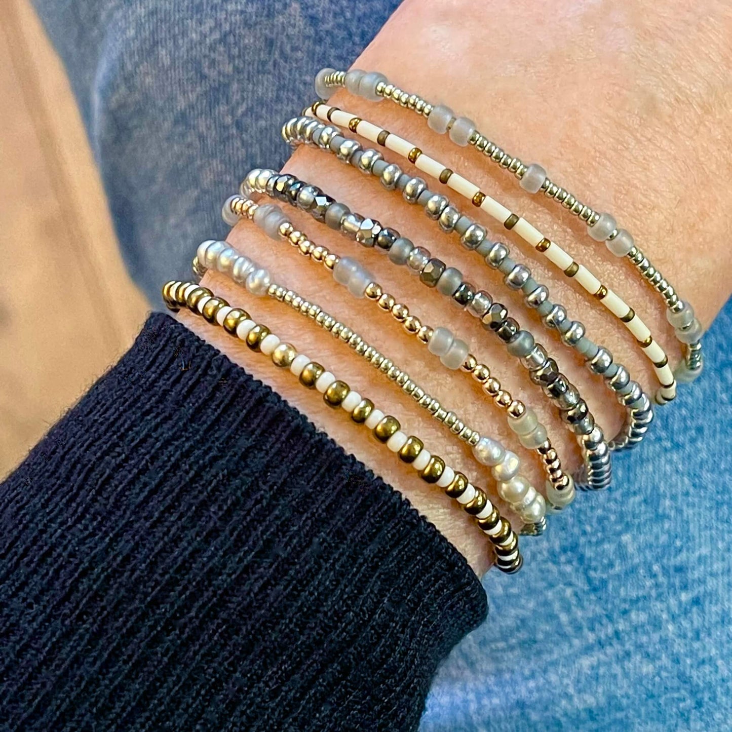 Mixed Metal Seed Beed Stretch Bracelets, Gold Stretch Bracelets, Freshwater Pearl Bracelets. Stack of 7 in Neutral Colors.