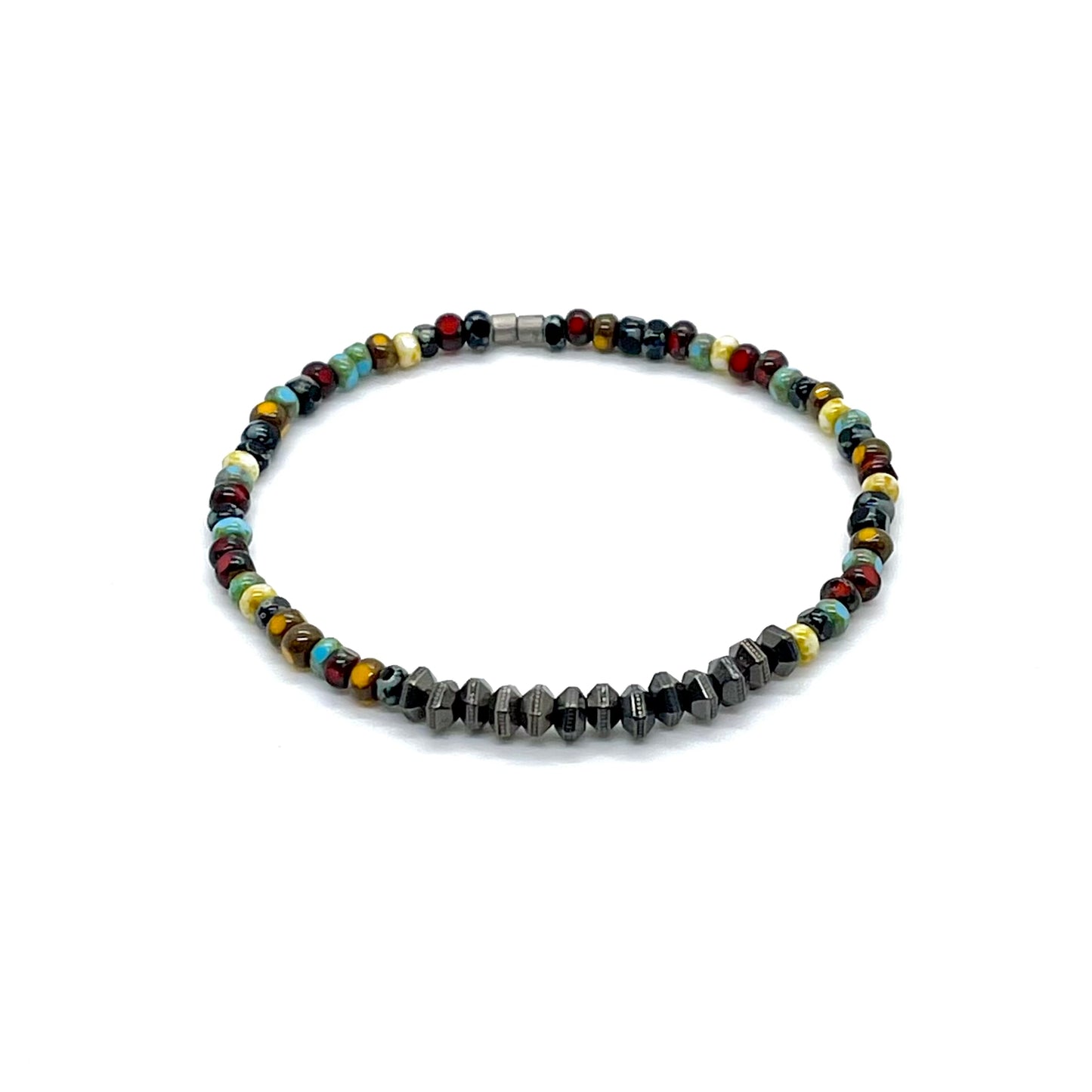 Multicolor bead bracelet for men with black-plated pewter hexigon disks on elastic stretch cord.