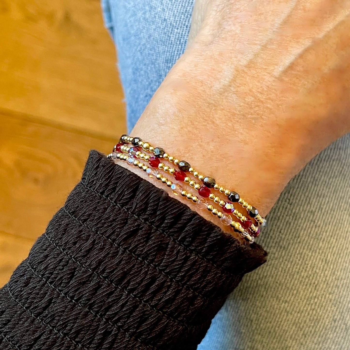 Multicolor crystal bracelets.