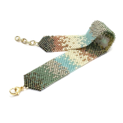 Wide ombre green, ivory, copper beaded boho cuff braclet wristband hand woven with tiny miyuki seed beads in a peyote stitch.