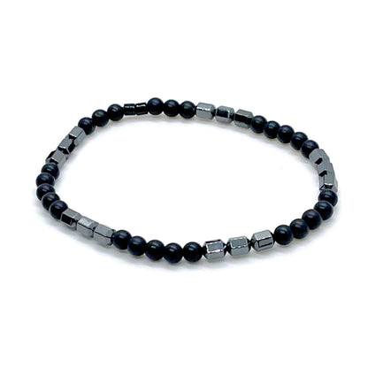 Onyx and gunmetal hematite thin beaded stretch bracelet for men.